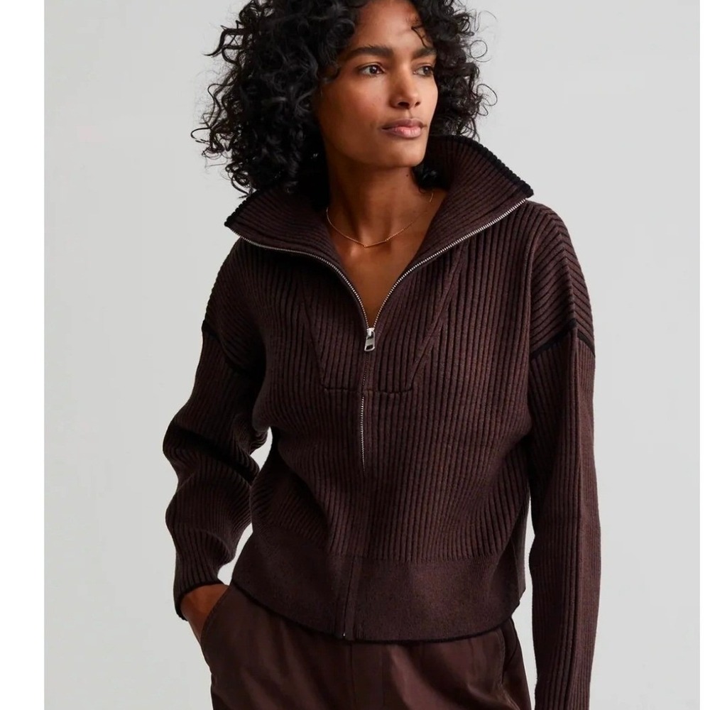 Varley Carmen Knit Full Zip Ribbed Sweater Coffee Bean Brown Women's Size XS